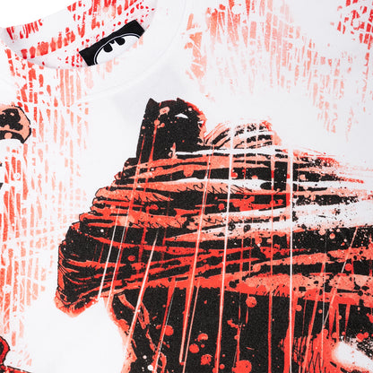 Abstract art with black and red brush strokes on a white background