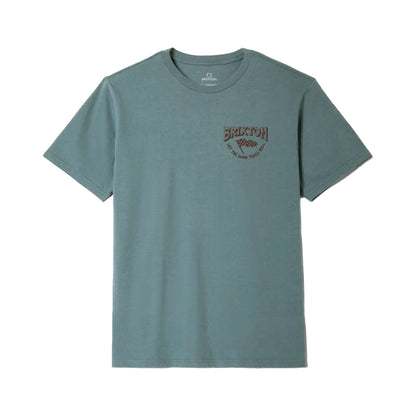Teal t-shirt with a logo on a white background