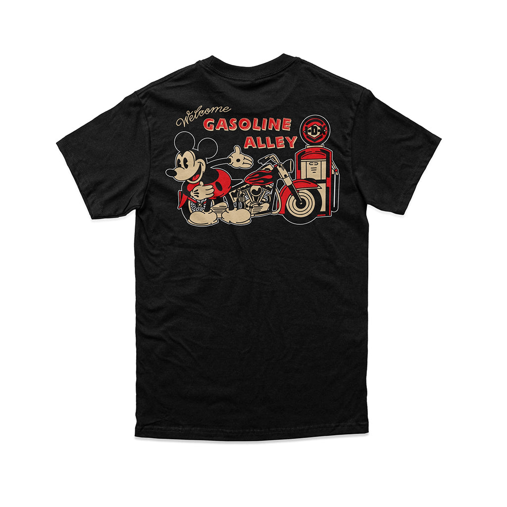 Black t-shirt with a graphic design of a character next to a motorcycle and 'Gasoline Alley' text on a white background.