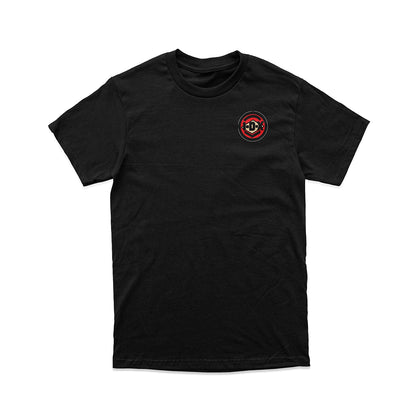 Black t-shirt with a small red and yellow logo on a white background