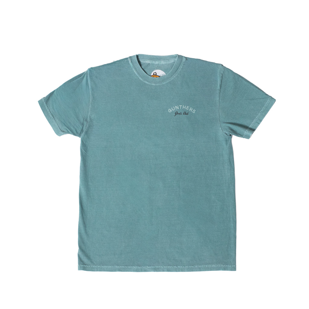 Teal t-shirt with a logo on a white background