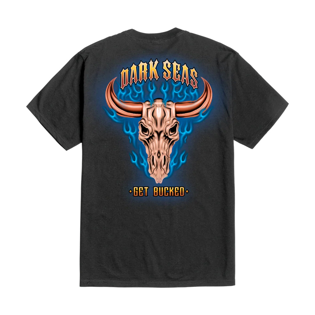 Black t-shirt with a bull skull design and 'Dark Seas' text on a white background