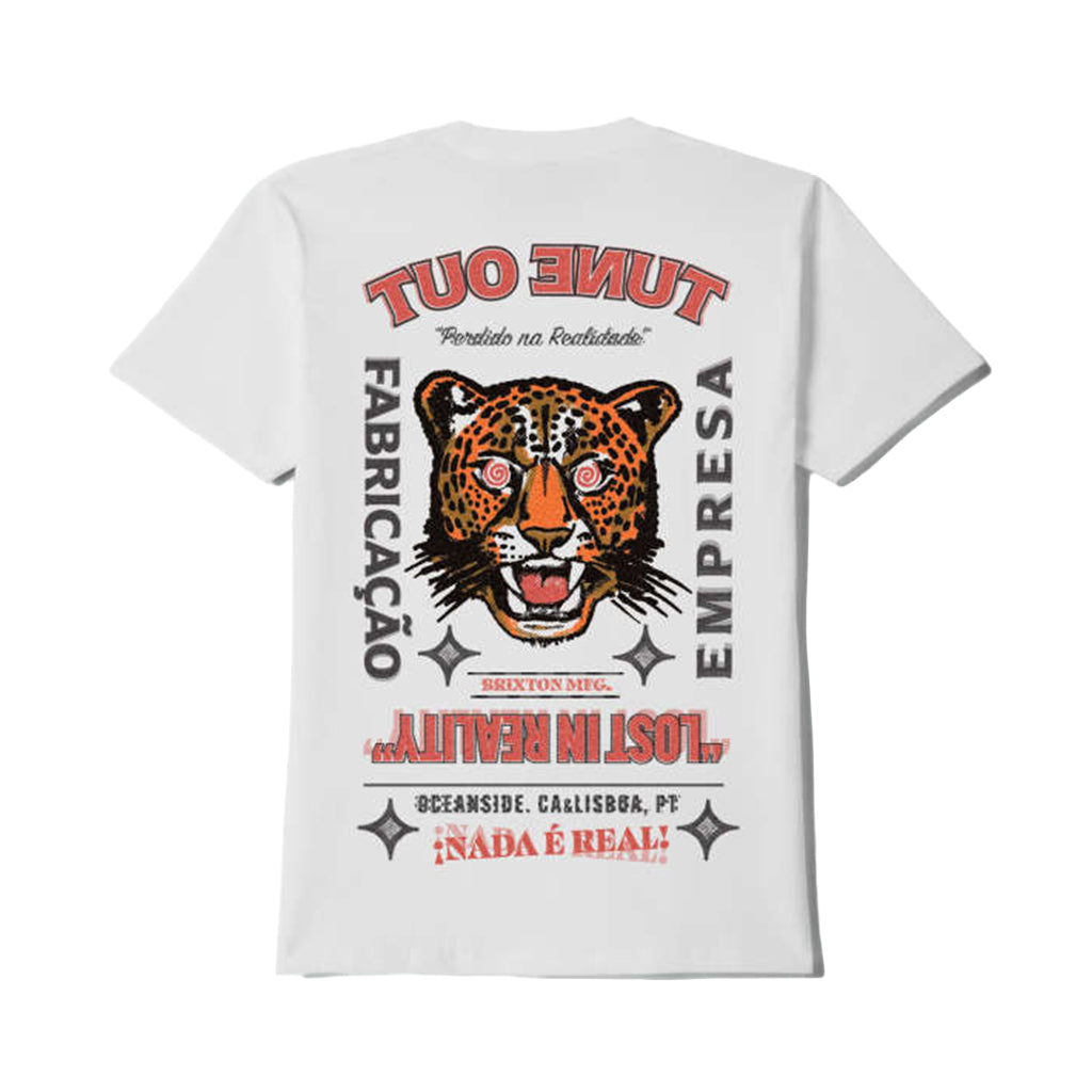 White t-shirt with a graphic of a leopard and text on the back, displayed on a white background.