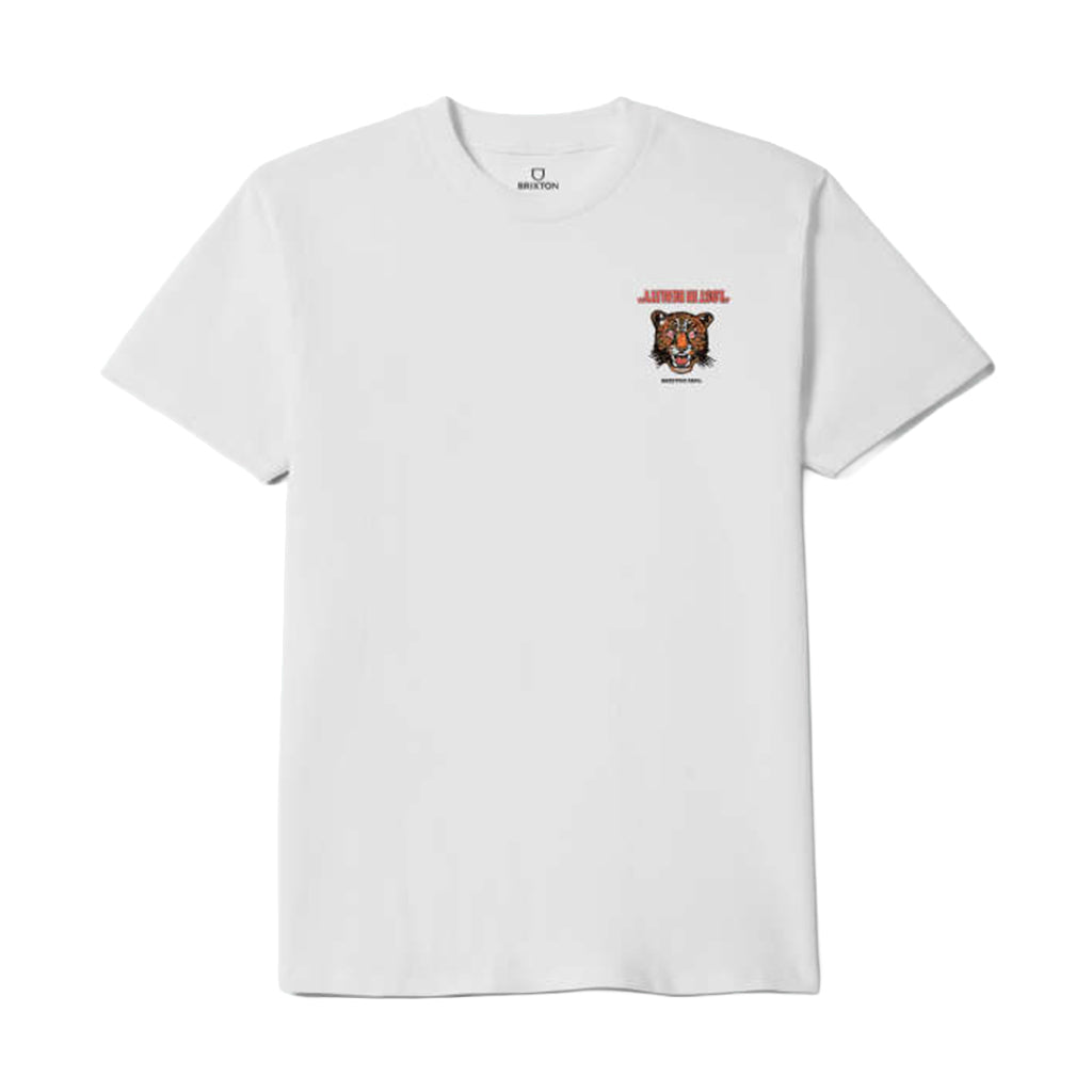 White t-shirt with a tiger logo on a white background