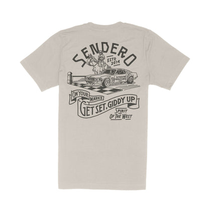 Beige t-shirt with black graphic design on a white background