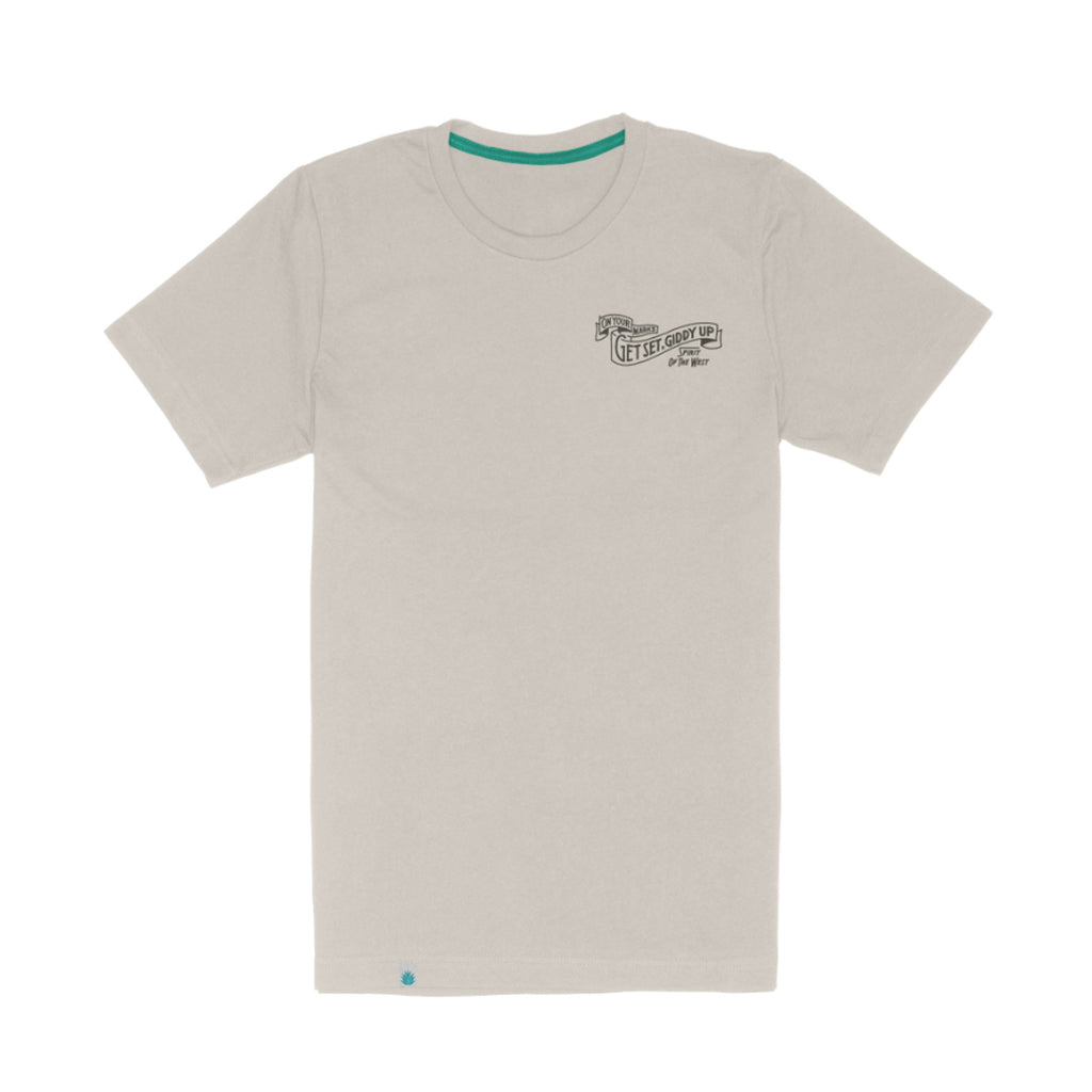Beige t-shirt with a logo on a white background