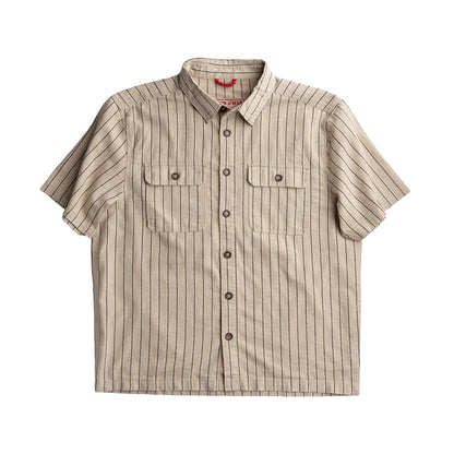 Beige and brown striped short-sleeve shirt on a white background