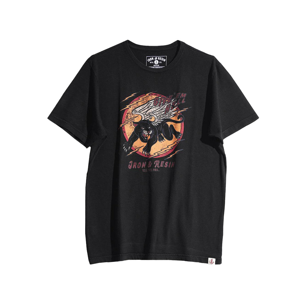 Black t-shirt with graphic design on a white background