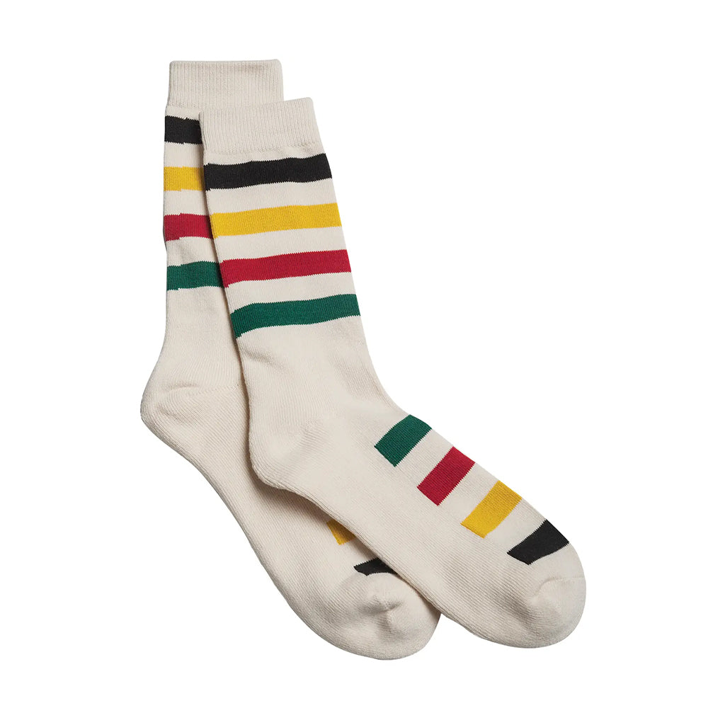 Pair of socks with colorful stripes on a white background