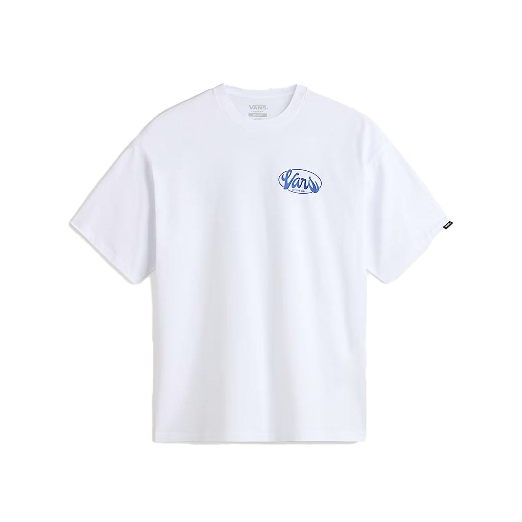 White t-shirt with a blue logo on a white background