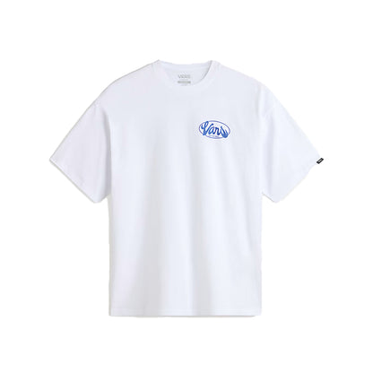White t-shirt with a blue logo on a white background