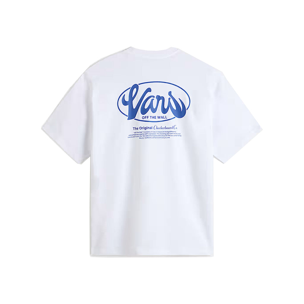White t-shirt with blue 'Vans' logo on a white background