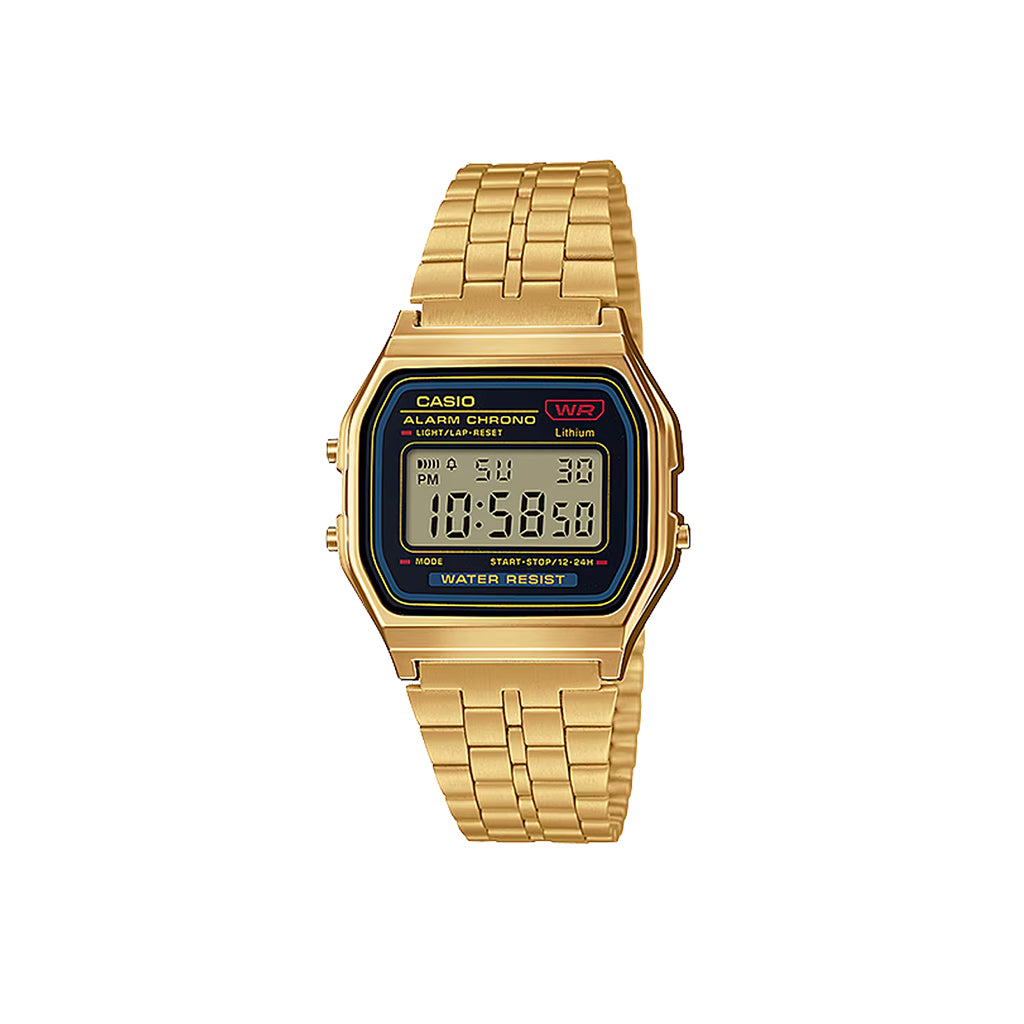 Gold Casio digital watch on a white background