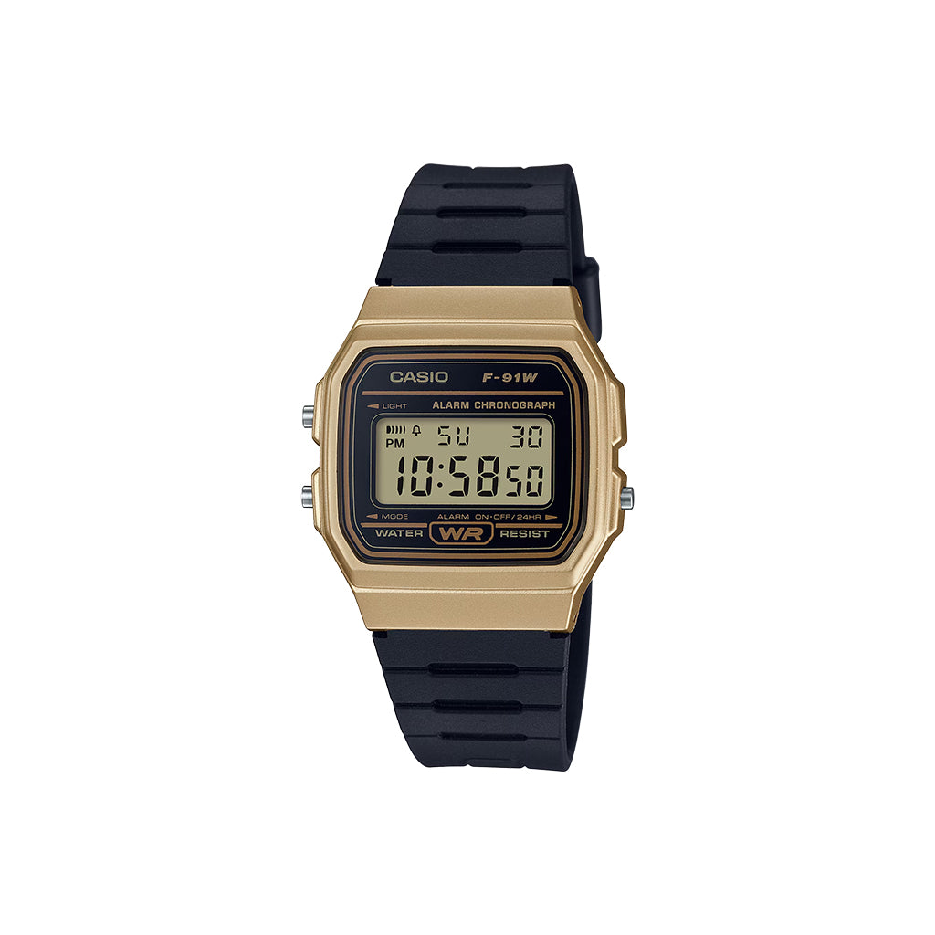 Casio digital watch with black strap on a white background