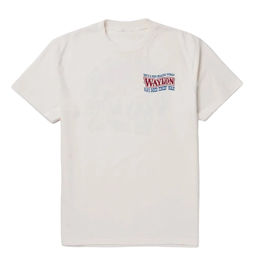 An off-white crewneck t-shirt with a small red and blue graphic on the left chest featuring the text 'WAYLON'