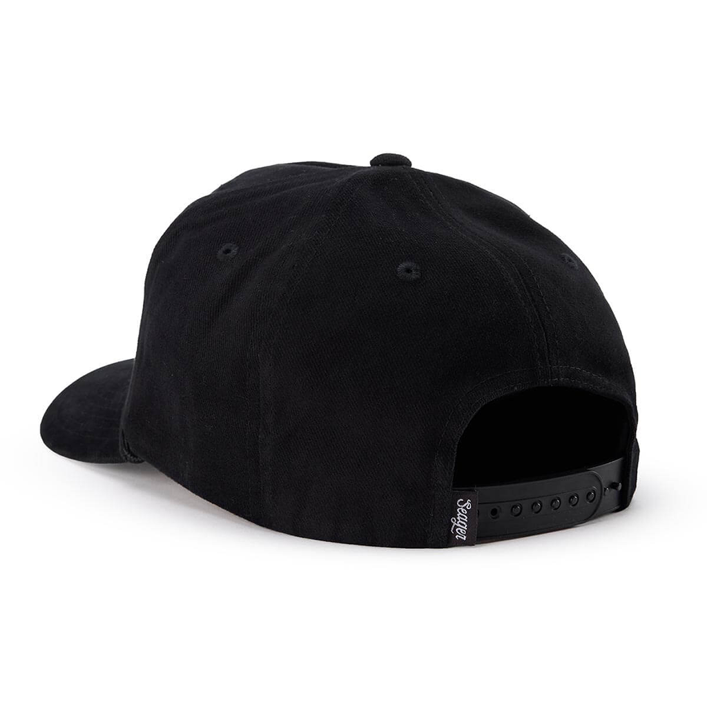 A black snapback cap shown from a rear three-quarter angle on a clean white background, featuring an adjustable black strap with a small white brand tag.