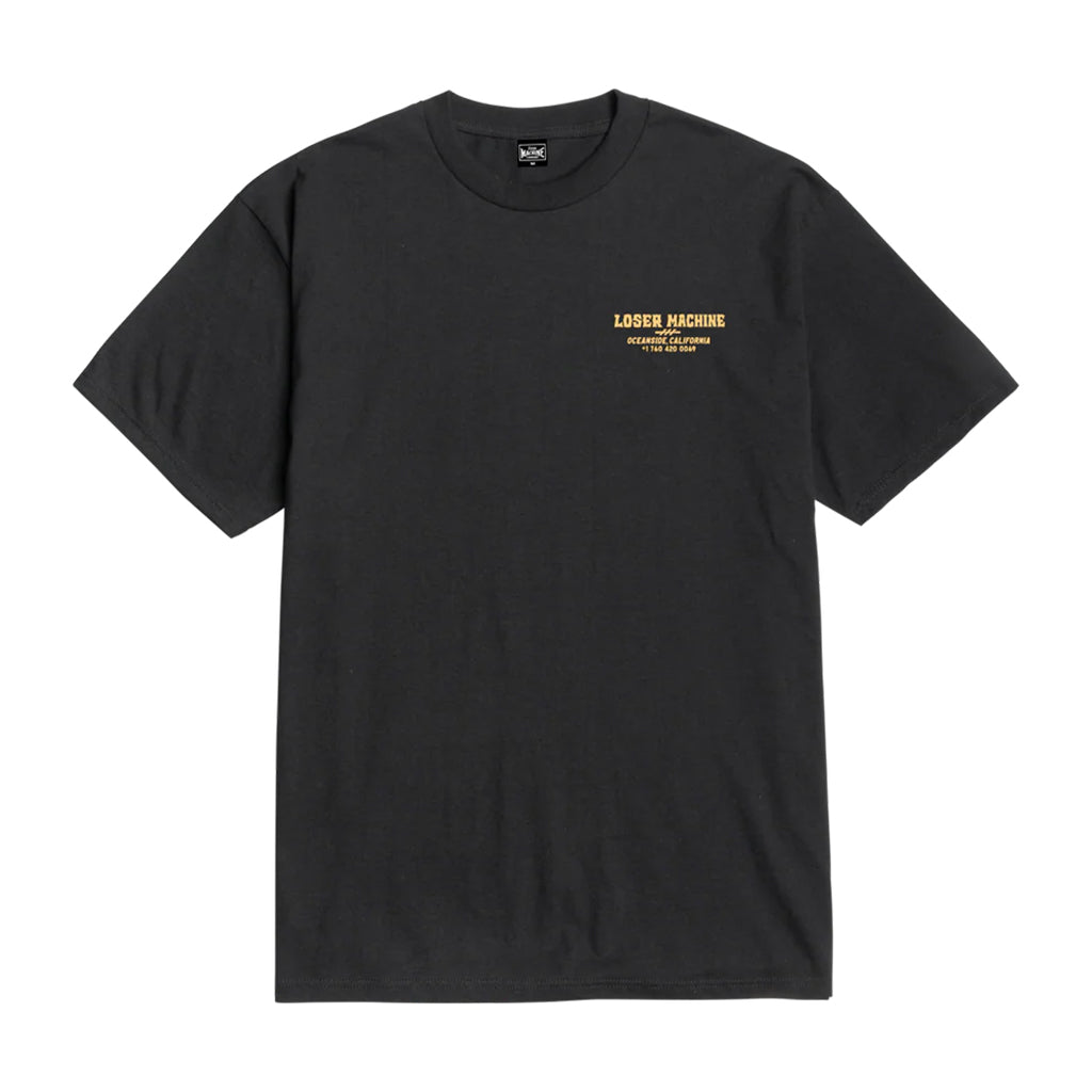 Black t-shirt with yellow text on a white background