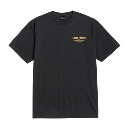 Black t-shirt with yellow text on a white background