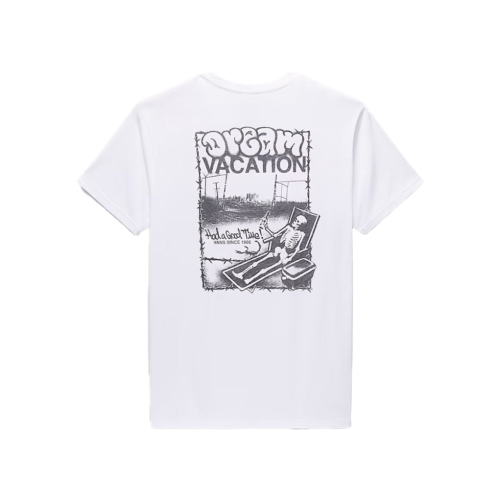 White t-shirt with black graphic design on a white background