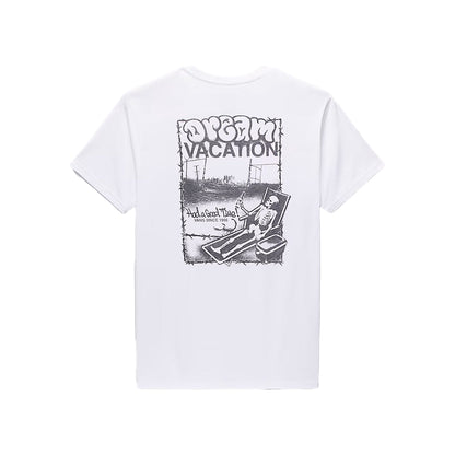White t-shirt with black graphic design on a white background