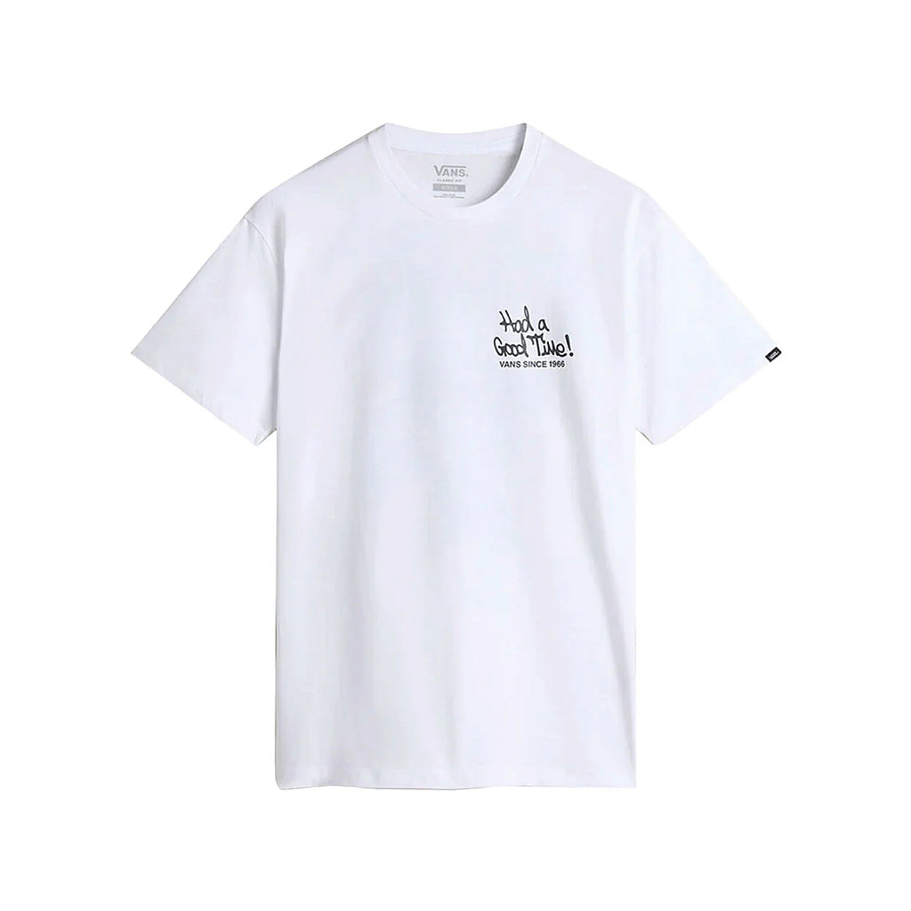 White t-shirt with black text on a white background