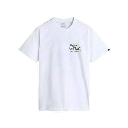 White t-shirt with black text on a white background