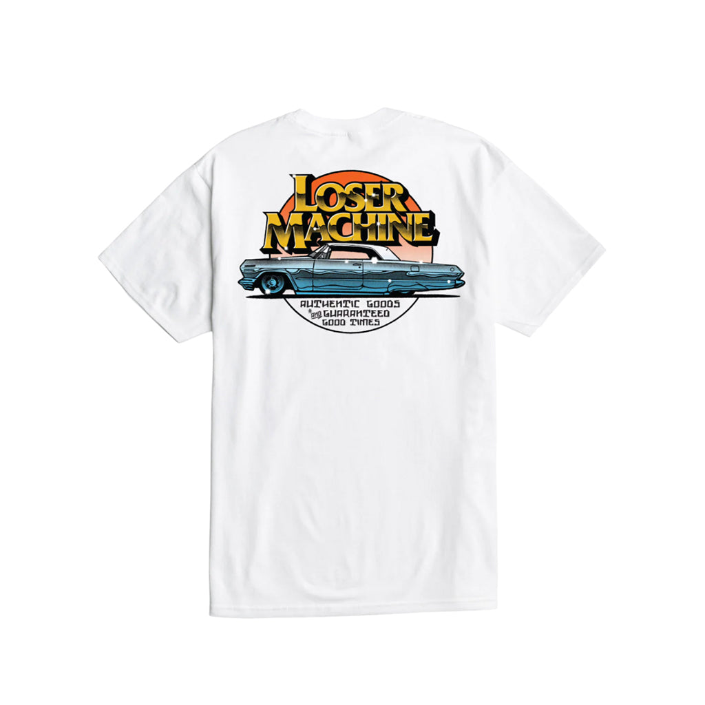 White t-shirt with 'Loser Machine' graphic on a white background