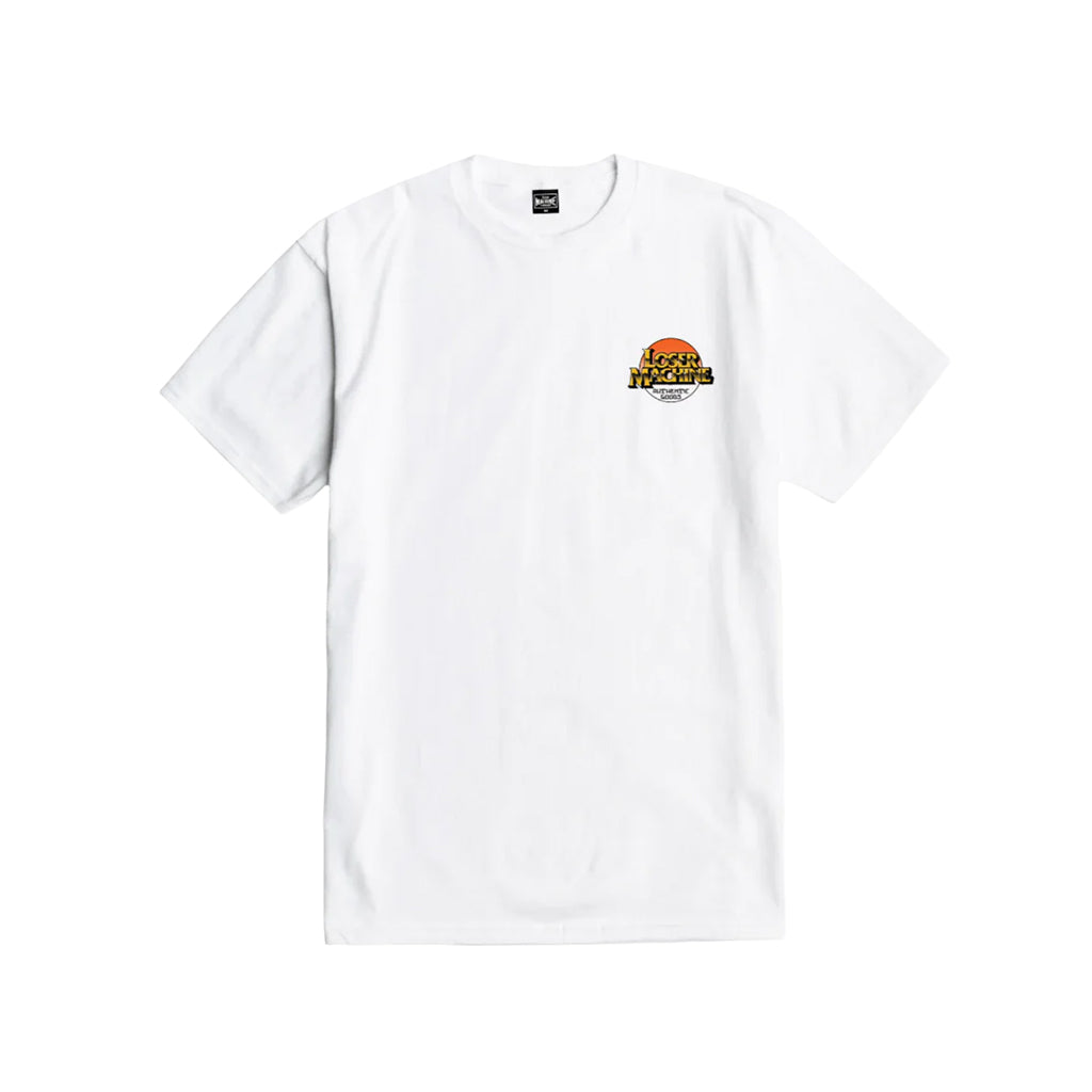 White t-shirt with a small logo on the chest against a white background