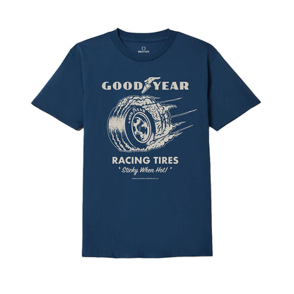 Navy blue t-shirt with Goodyear racing tires graphic on a white background