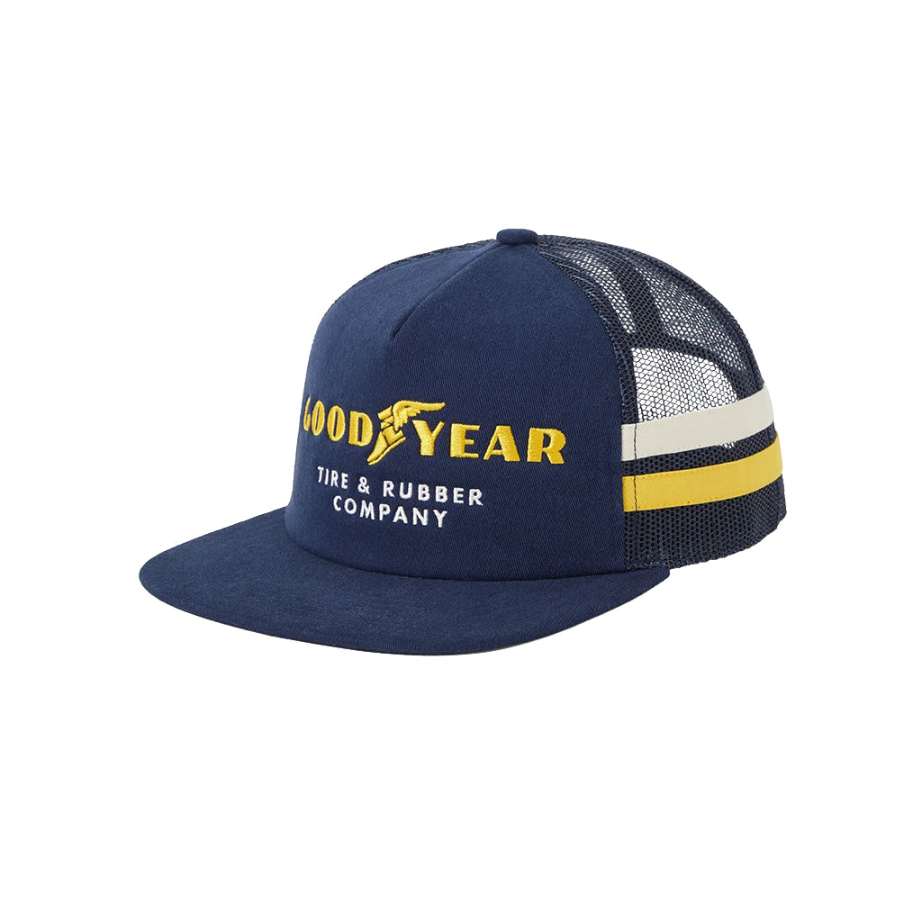 Navy blue cap with yellow and white accents featuring 'Good Year' branding on a white background.