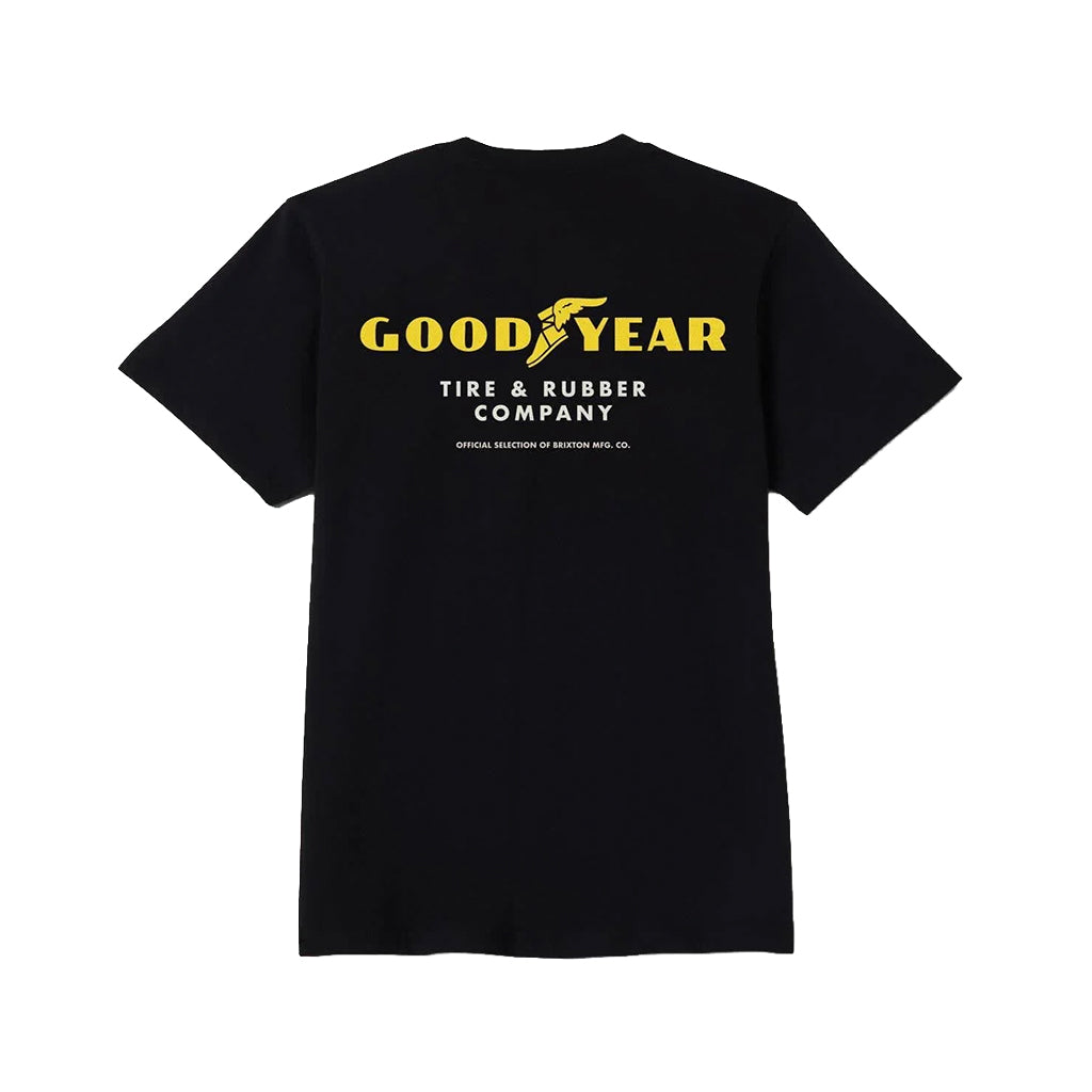 Black t-shirt with yellow and white text and logo on the back, on a white background