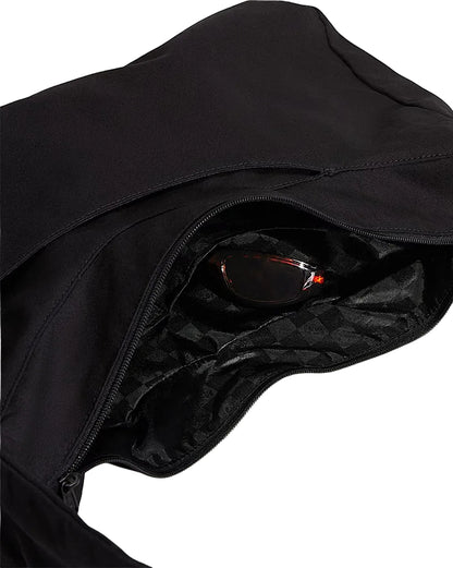 Black tote bag open, revealing sunglasses inside on a light gray background