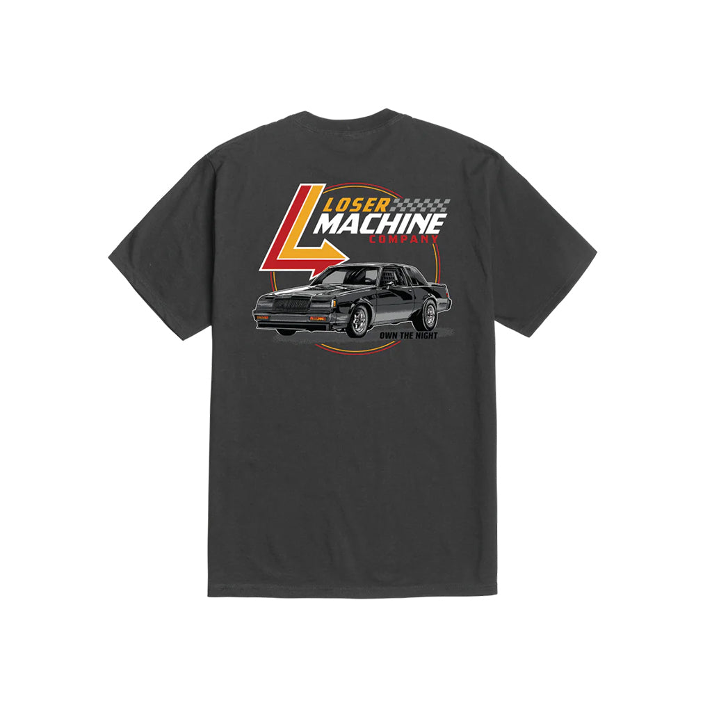 Black t-shirt with a graphic of a car and 'Loser Machine Company' logo on a white background