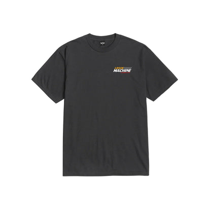 Black t-shirt with a logo on the chest against a white background