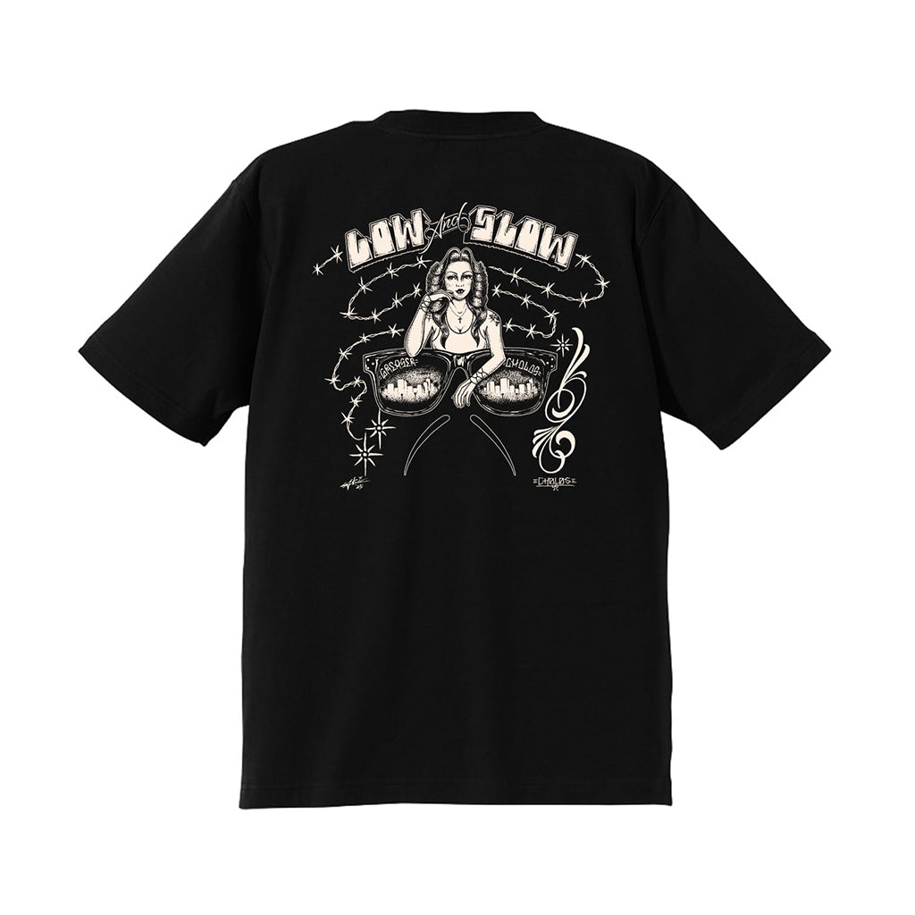 Black t-shirt with white graphic design on a white background