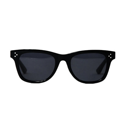 Black sunglasses with dark lenses on a white background