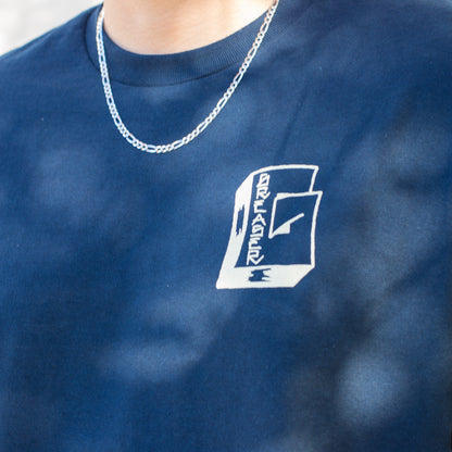 Blue sweatshirt with a white logo on a plain background