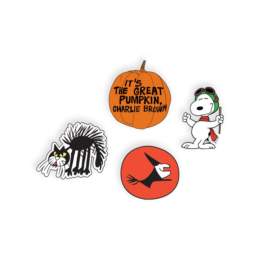 Set of Halloween-themed Peanuts Pins featuring a pumpkin, cat, and Snoopy with a hat on a white background.