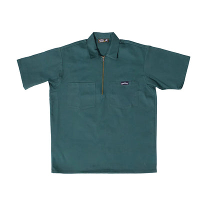 Green short-sleeve shirt with a zipper on a white background