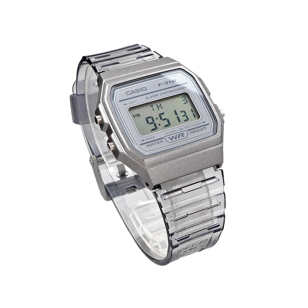 Silver Casio digital watch on a white background