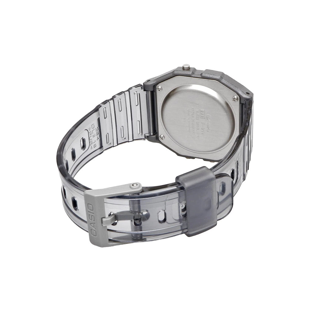 Silver Casio watch back view on a white background
