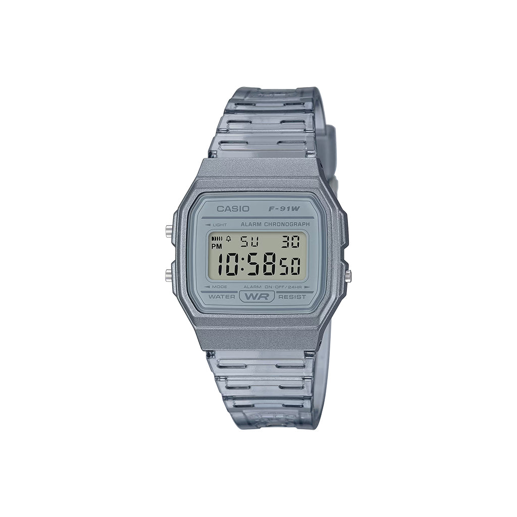 Silver Casio digital watch on a white background