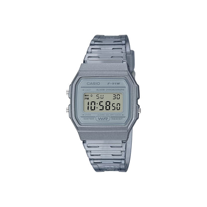 Silver Casio digital watch on a white background