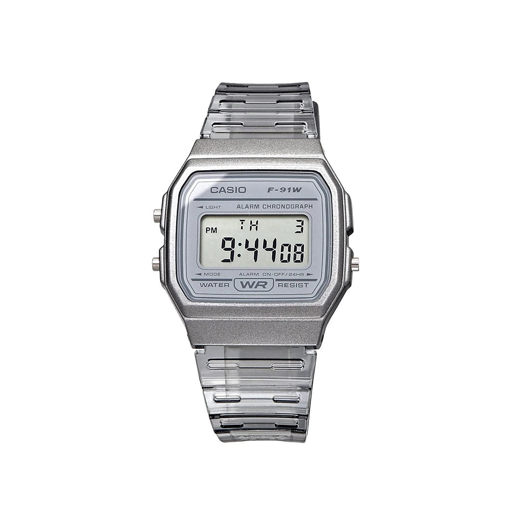Silver Casio digital watch on a white background