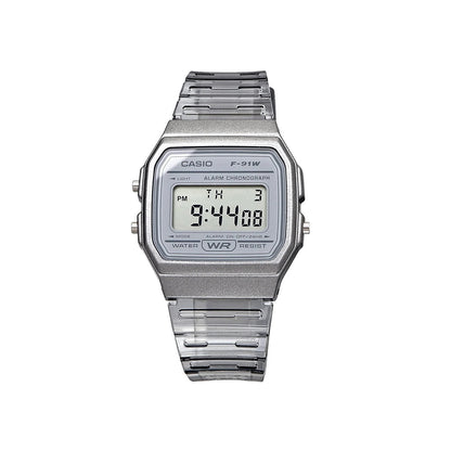 Silver Casio digital watch on a white background