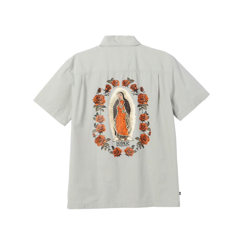 Light gray shirt with embroidered design on the back featuring a religious icon and roses.