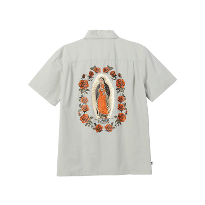 Light gray shirt with embroidered design on the back featuring a religious icon and roses.
