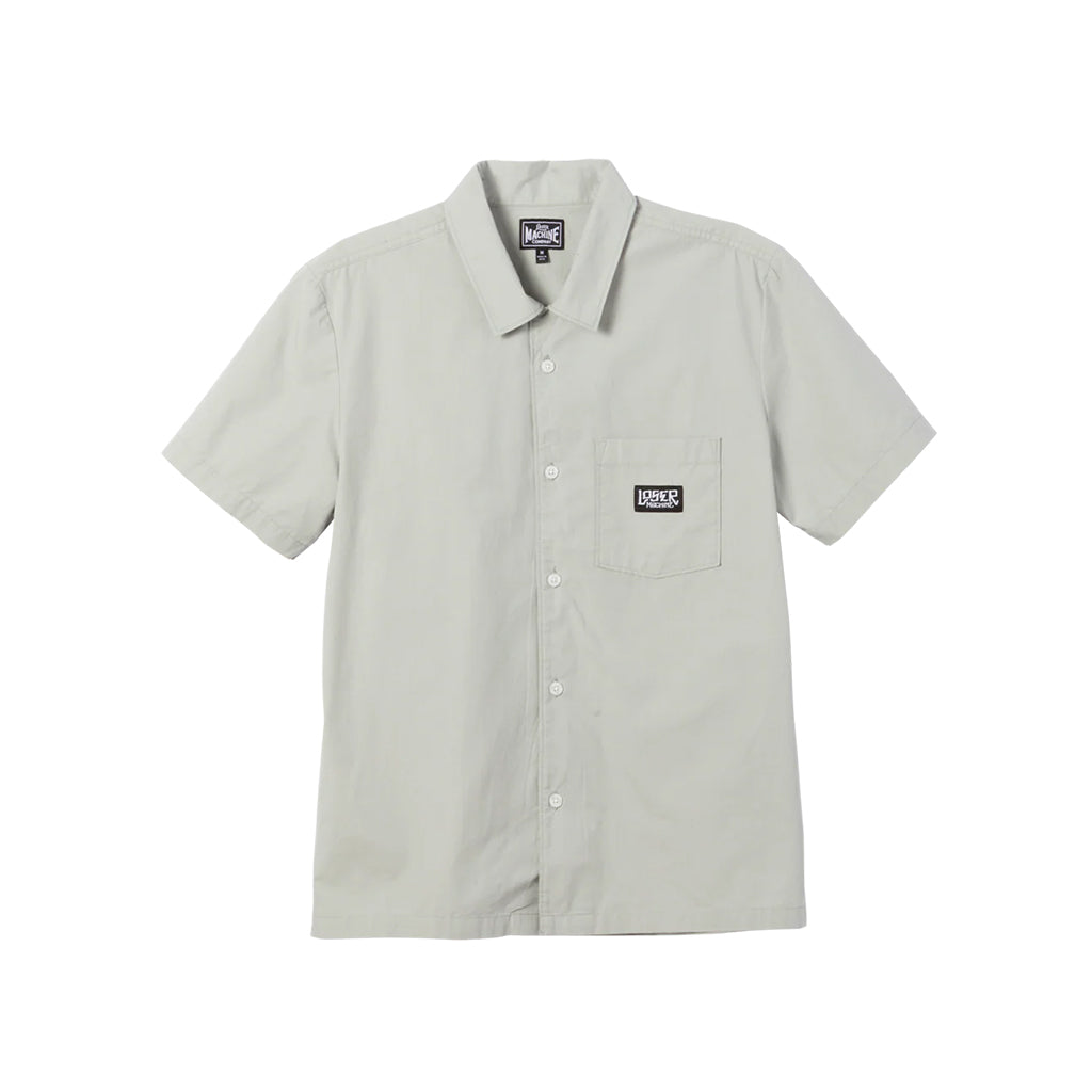 Light gray short-sleeve shirt with a logo on a white background