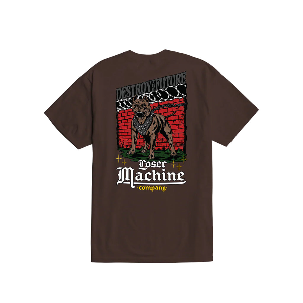 Brown t-shirt with graphic design and text on a white background