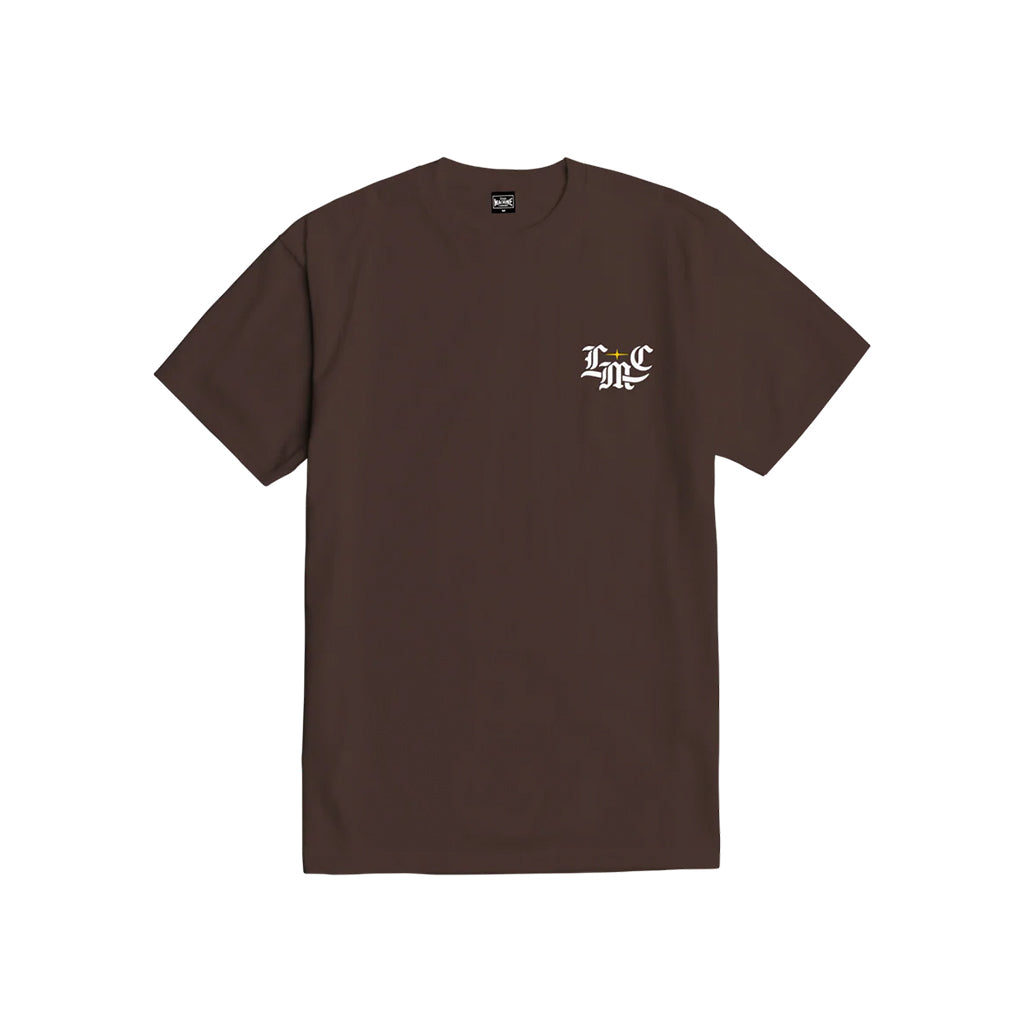 Brown t-shirt with a logo on the chest against a white background